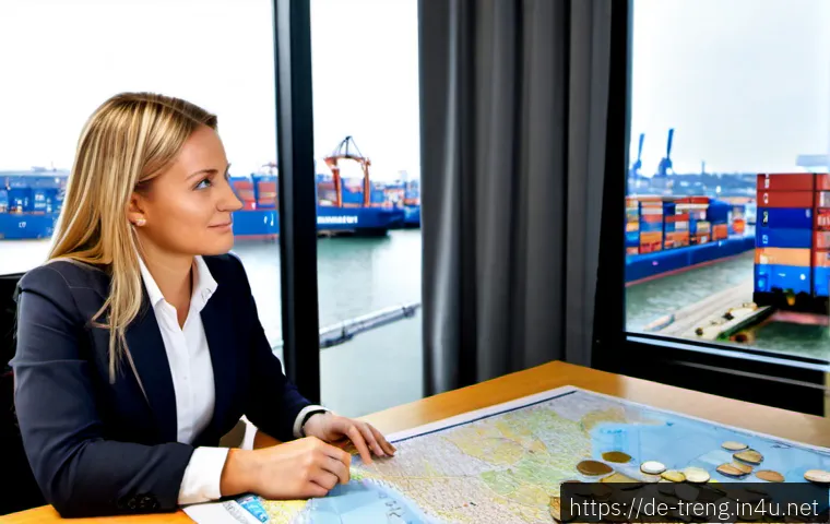 Home 17 무역영어와 해외 현지 조사 방법 - Photorealistic international trade consultation in a bright Hamburg office, German businesswoman and...